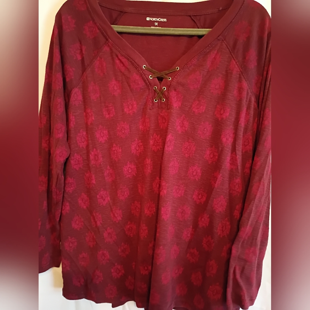 Northcrest Burgundy Size 1x 3/4 Lace-Up Long Sleeve Shirt. - Picture 7 of 8